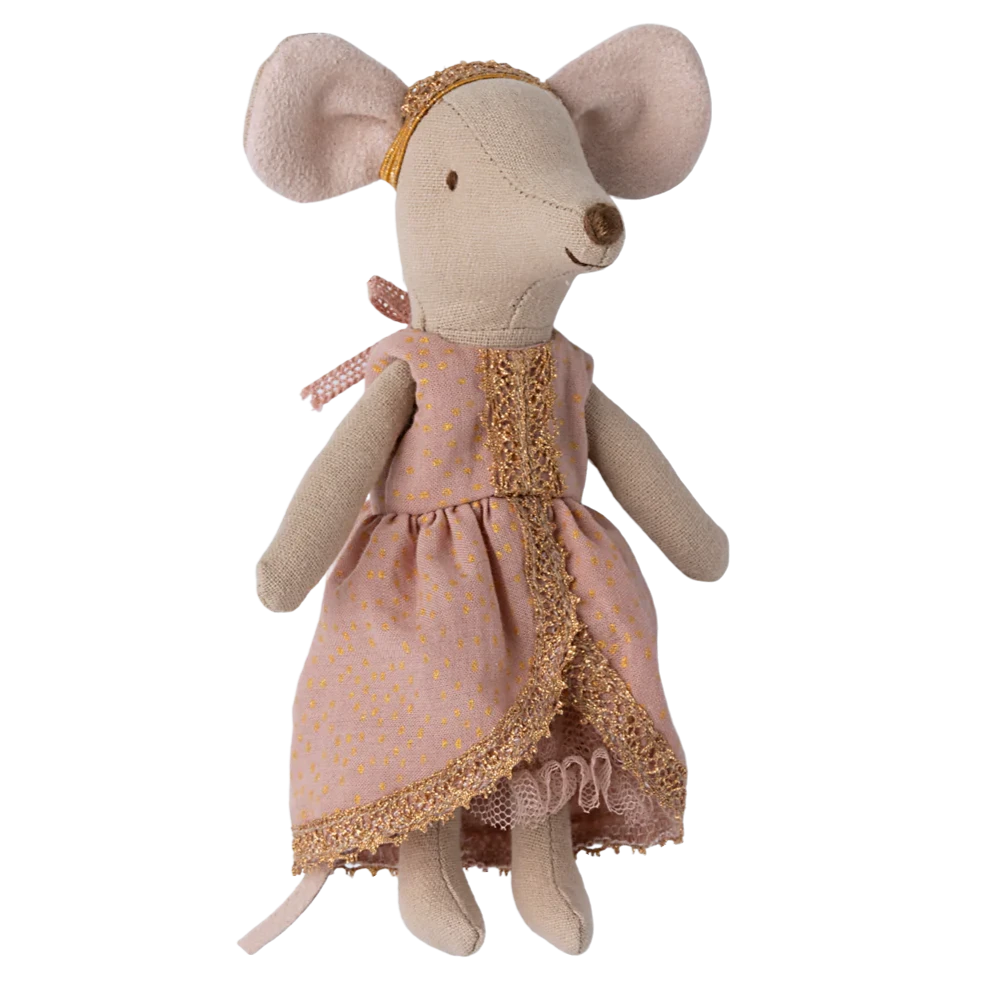 Stuffed mouse toy wearing a pink dress with lace trim on a white background
