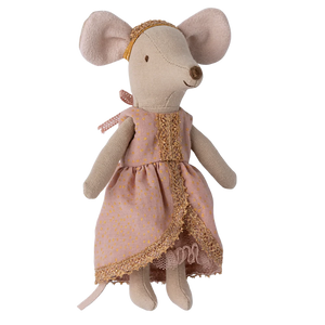 Stuffed mouse toy wearing a pink dress with lace trim on a white background