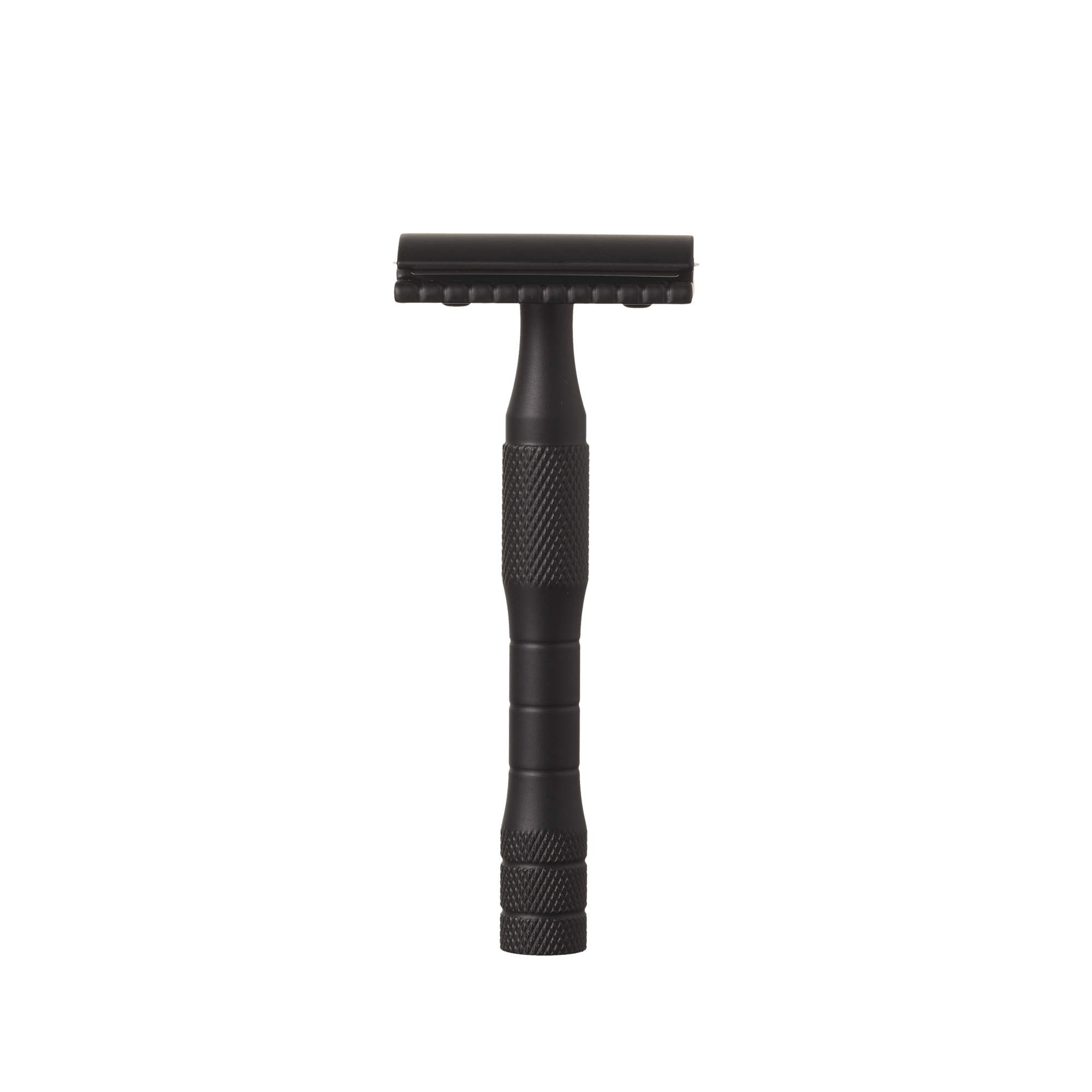 A black brass safety razor with a textured handle and a single stainless steel blade.