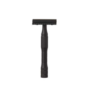 A black brass safety razor with a textured handle and a single stainless steel blade.