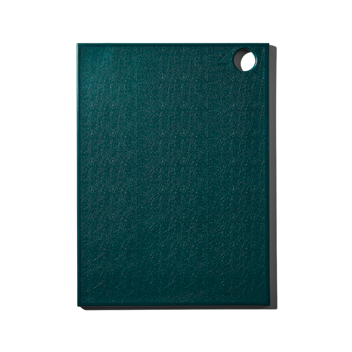 A solid teal recycled plastic cutting board with a textured surface and a small hole in the corner.