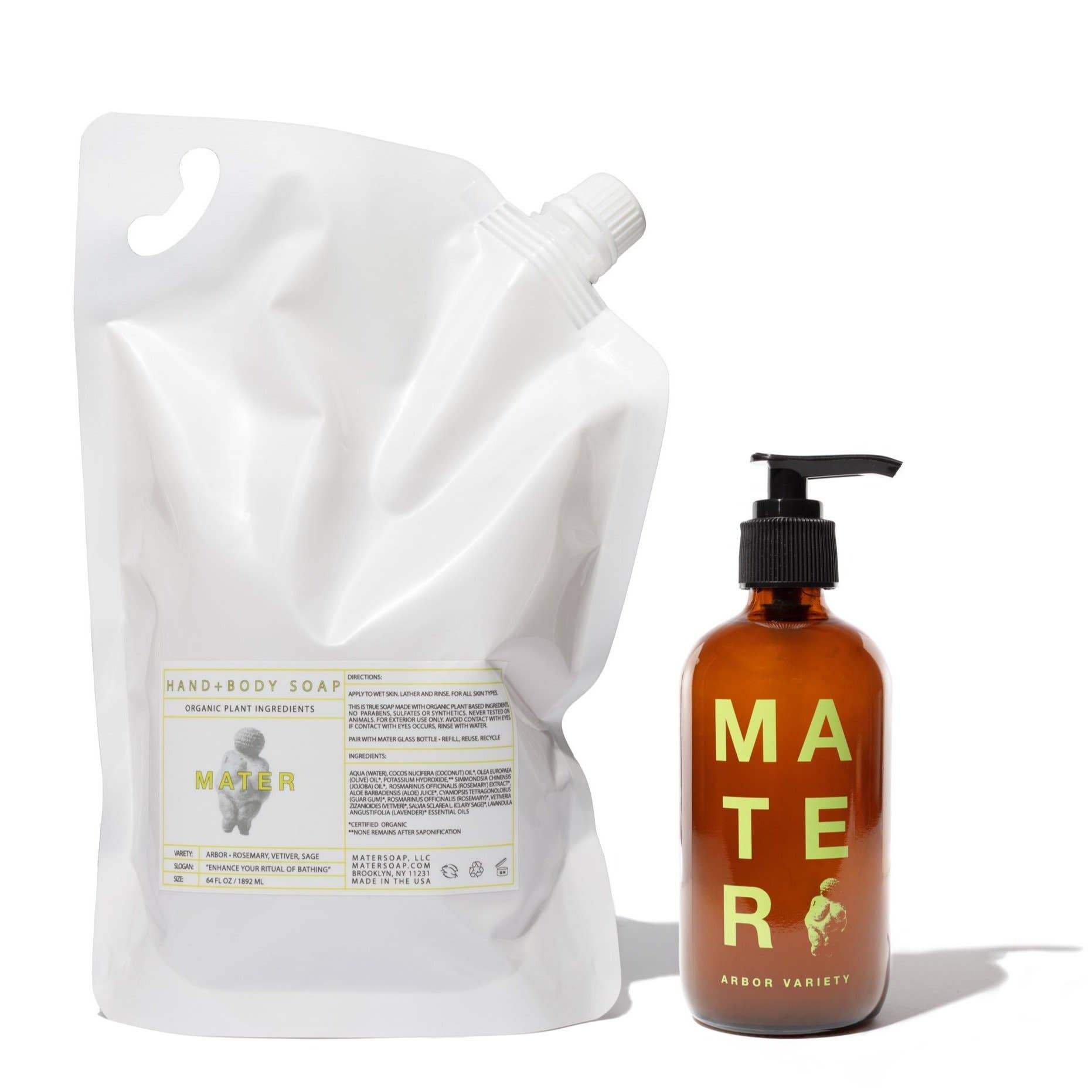 A white pouch labeled 'Mater' with a black pump dispenser, indicating it is a refill for a Mater hand+body soap product.