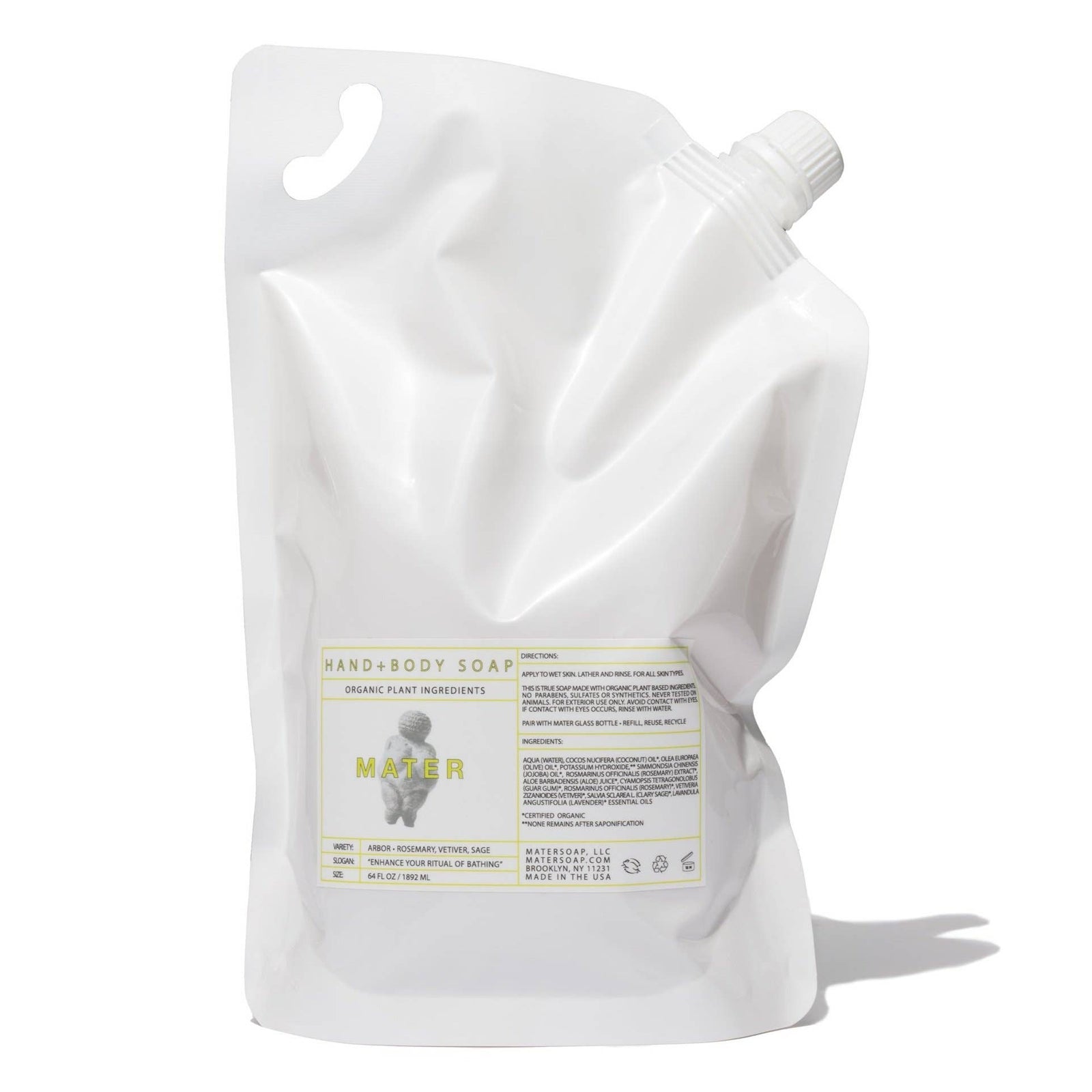 A white pouch labeled 'Mater' with a black pump dispenser, indicating it is a refill for a Mater hand+body soap product.