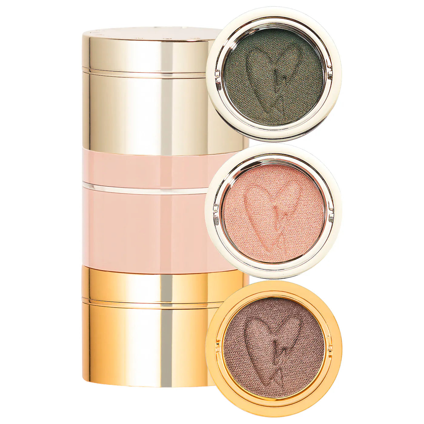 Three round eye shadow pods with a cream-to-powder consistency, displayed in natural shades with a golden, pink, and purple color scheme. Each pod has a unique texture with a logo at the center.