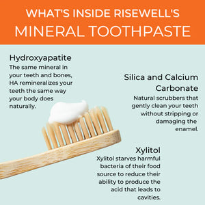 Infographic about the ingredients of Risewell's mineral toothpaste with a bamboo toothbrush and toothpaste.