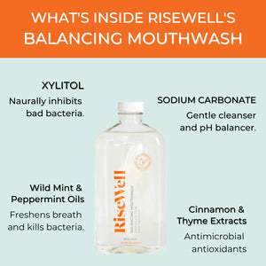 Risewell balancing mouthwash bottle with ingredients listed on a light blue background