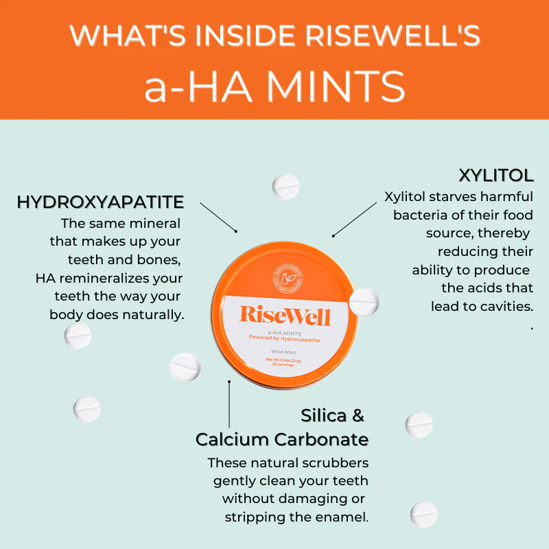 Orange and white container of RiseWell mints on a light blue background