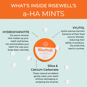 Infographic about the ingredients of Risewell a-HA Mints on a light blue background.
