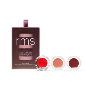RMS beauty lip kit with three lip colors in front of a brown box on a white background
