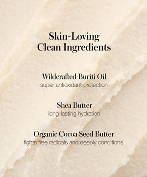 Shea butter with text about skin-loving ingredients on a beige background