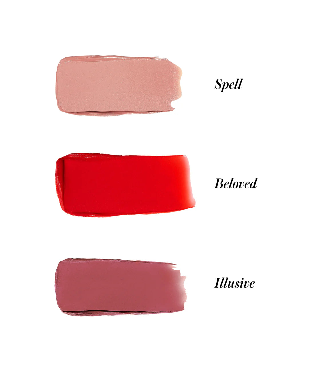 Three lipstick swatches labeled 'Spell', 'Beloved', and 'Illusive' on a white background.