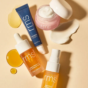 The RMS skincare secrets kit, a brown box containing the RMS lipnights treatment, the Kakadu cream, Kakadu beauty oil, and the hydrating mist