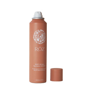 A product image of the ROZ Root Lift Spray, with the cap beside it. 