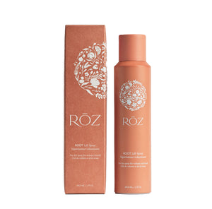 A product image showing a spray bottle and packaging box of RØZ Root Lift Spray with a floral design.