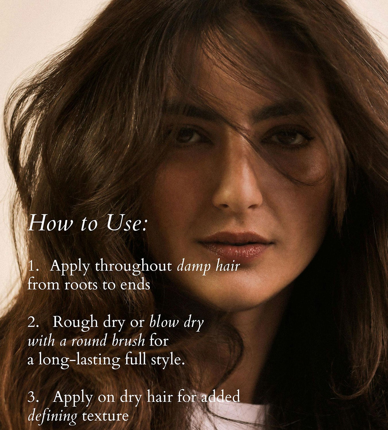 An infographic for Root Lift, with instructions on how to use. Apply to damp hair, rough dry or blow dry hair, or apply on dry hair for added defining texture. 