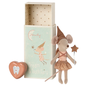Mouse doll with a tooth fairy theme and heart-shaped box on a white background