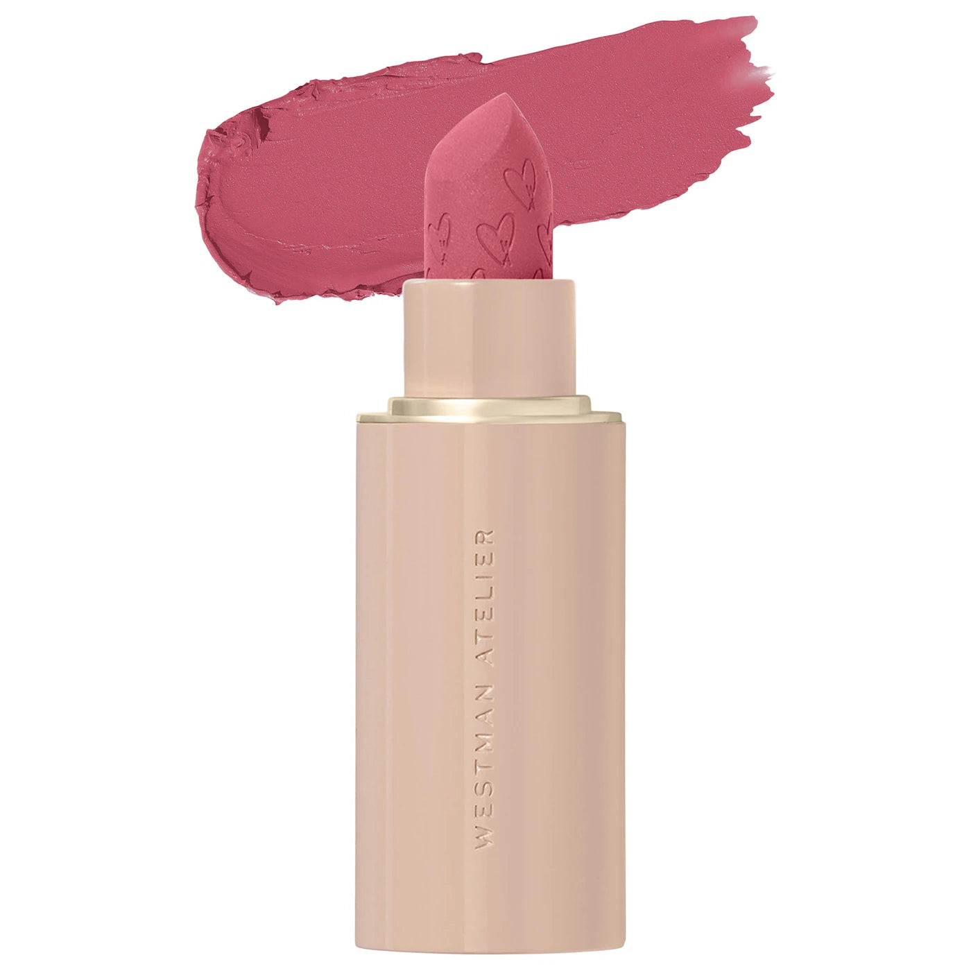 Lipstick with pink shade and visible brand name on a white background
