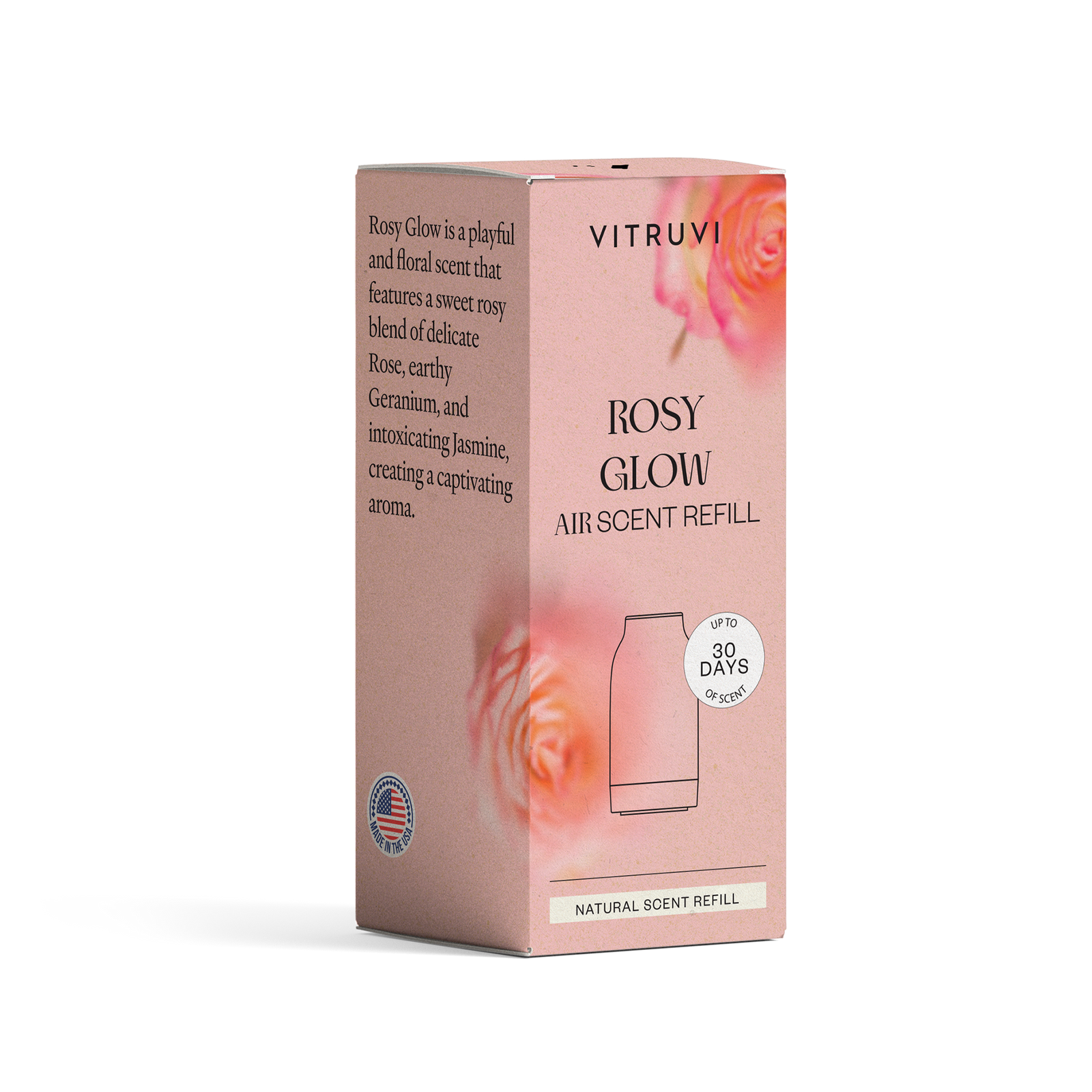 Vitruvi Rosy Glow air scent refill packaging on a white background