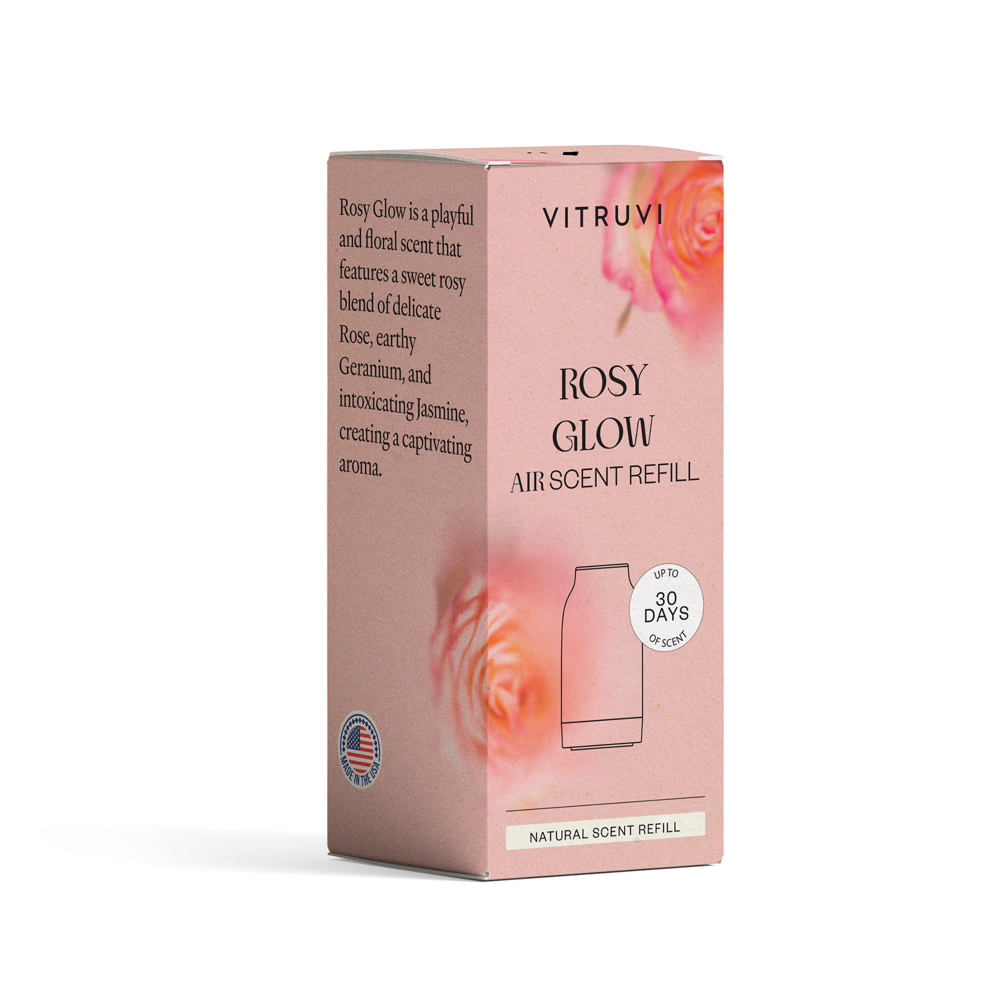 Vitruvi Rosy Glow air scent refill packaging on a white background