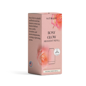 Vitruvi Rosy Glow air scent refill packaging on a white background