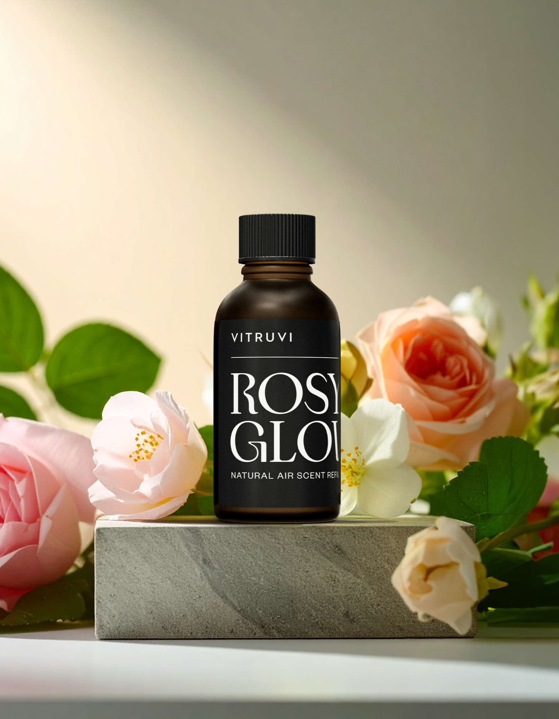 Vitruvi Rosy Glow air scent bottle surrounded by flowers on a light background
