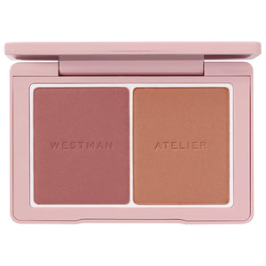 Makeup palette with two shades of blush in a pink case, featuring the brand 'Westman Atelier'.