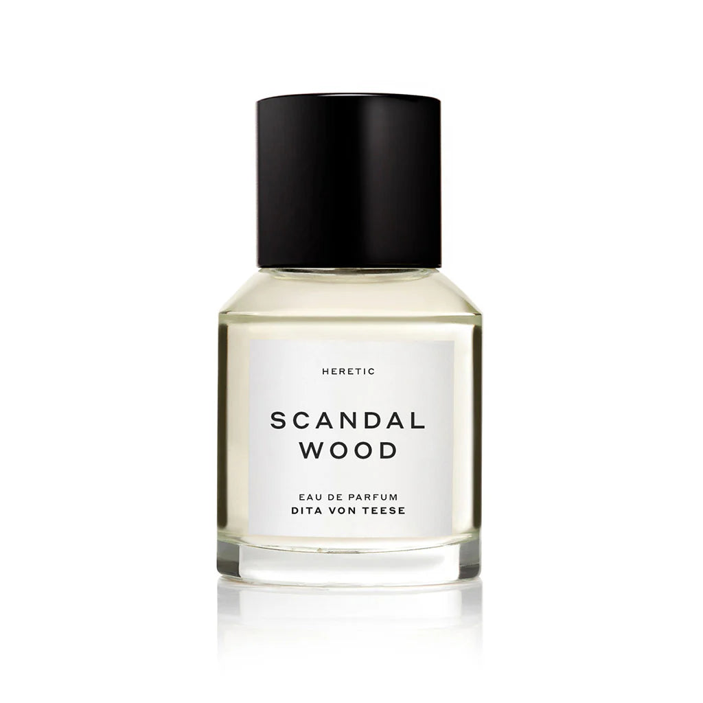 A bottle of Heretic Sandalwood perfume on a white background. 