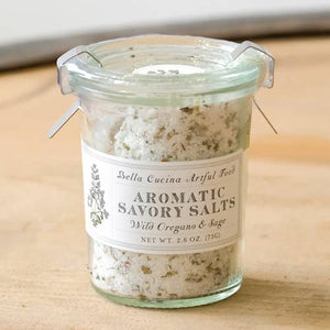 A glass container of Bella Cucina Aromatic Savory Salts