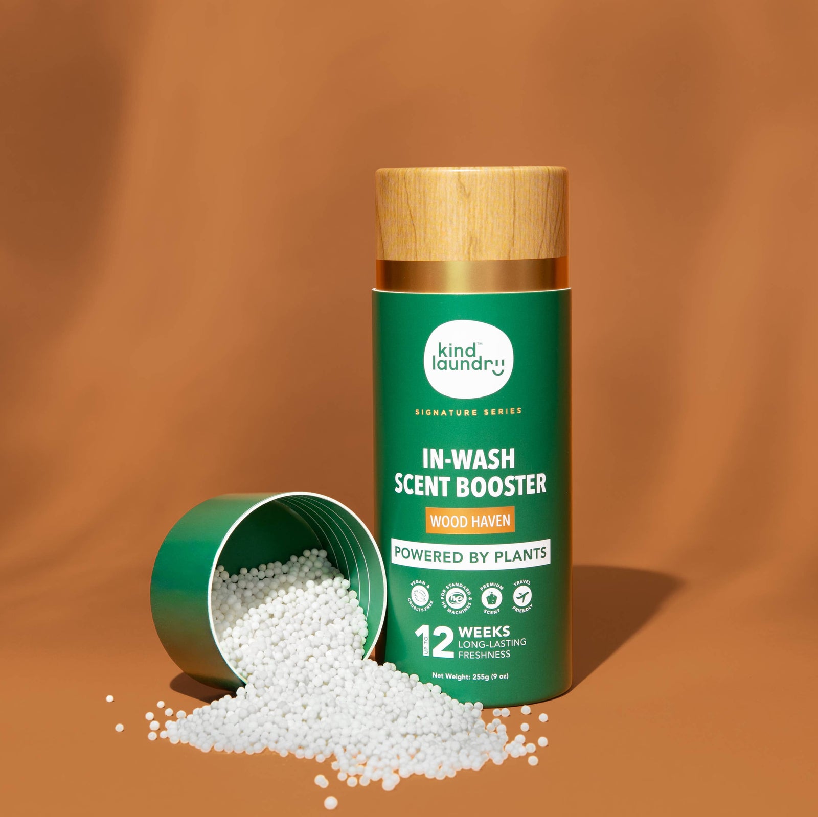 A bottle of Kind Laundry fragrance beads. 