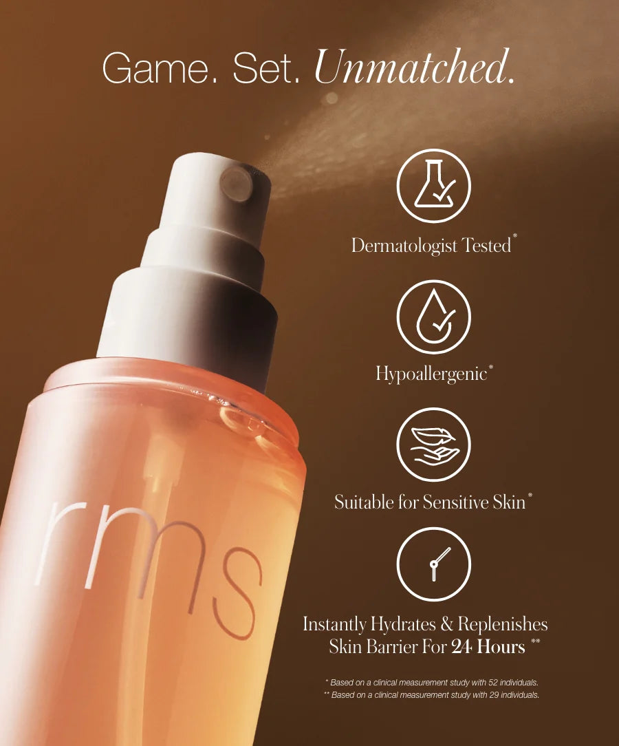 Skincare product bottle with branding and benefits on a brown background