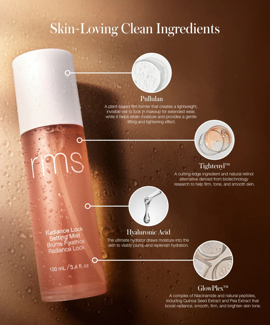 Radiance Lock Setting Mist bottle with labeled ingredients on a brown background
