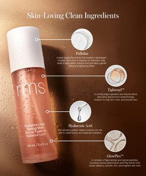 Radiance Lock Setting Mist bottle with labeled ingredients on a brown background
