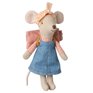 A toy mouse dressed in a blue and pink outfit with a hat, carrying a sleeping bag, designed for hiking play.