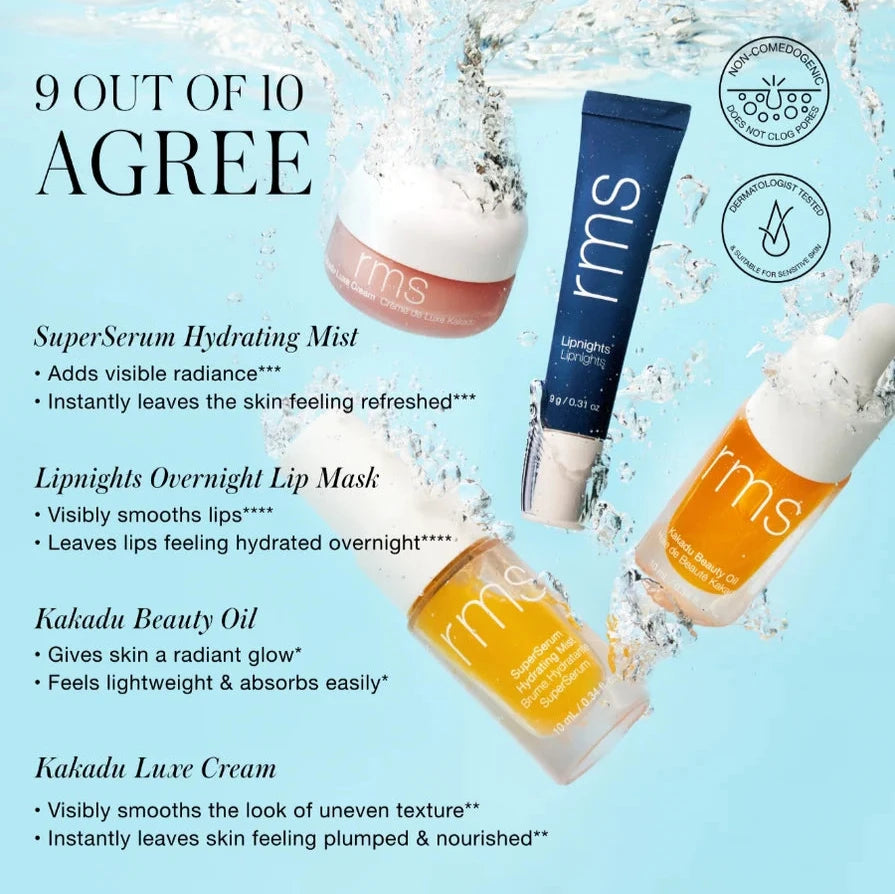9 out of 10 agree with the following statements: the super serum hydrating mist adds visible radiance and instantly leaves skin feeling refreshed. The lip nights overnight lip mask visibly smooths lips and leaves them feeling hydrated. The Kakadu beauty oil gives skin a radiant glow, feels lightweight and absorbs easily. The Kakadu luxe cream visibly smooths the look of uneven texture, and instantly leaves skin feeling plumped and nourished