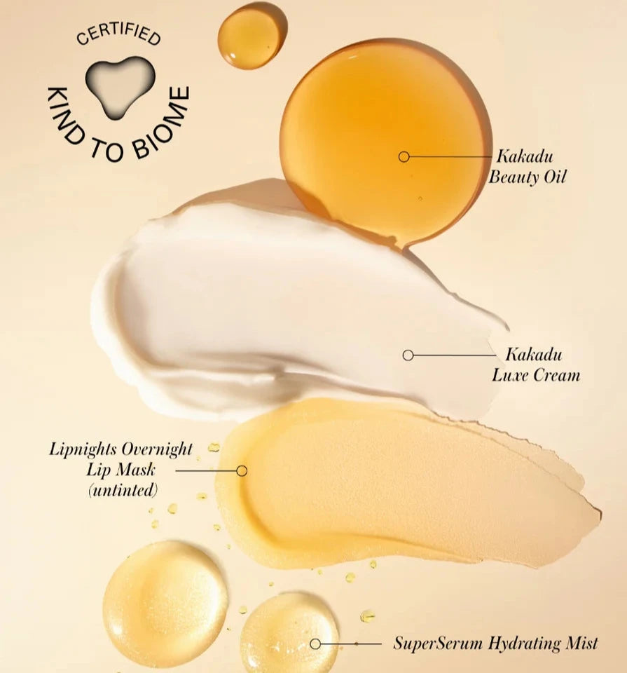 The RMS skincare secrets kit includes the RMS lipnights overnight lip mask, the Kakadu cream, Kakadu beauty oil, and the super serum hydrating mist