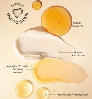 The RMS skincare secrets kit includes the RMS lipnights overnight lip mask, the Kakadu cream, Kakadu beauty oil, and the super serum hydrating mist