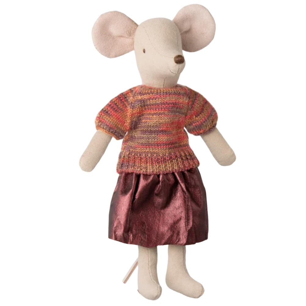 Stuffed mouse toy wearing a colorful knitted sweater and red skirt on a white background