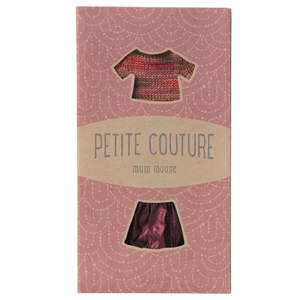 A pink box with Petite Couture Mum Mouse written on it, and a tiny outfit inside. 