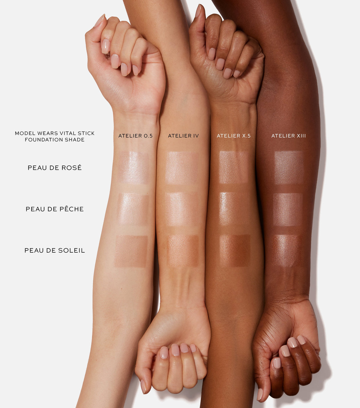 Swatches of foundation on different skin tones with product names below each swatch.