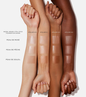 Swatches of foundation on different skin tones with product names below each swatch.