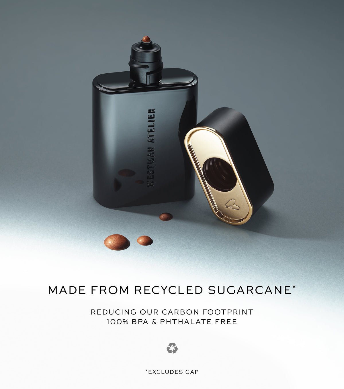 Black and gold bottle with text about recycled sugarcane and sustainability on a gray background