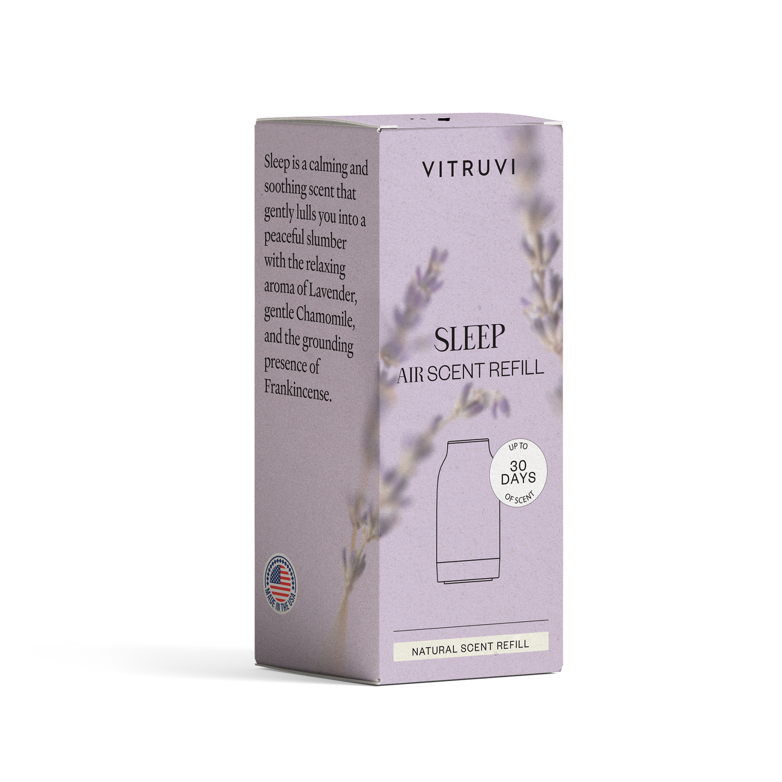 Vitruvi Sleep air scent refill packaging on a white background