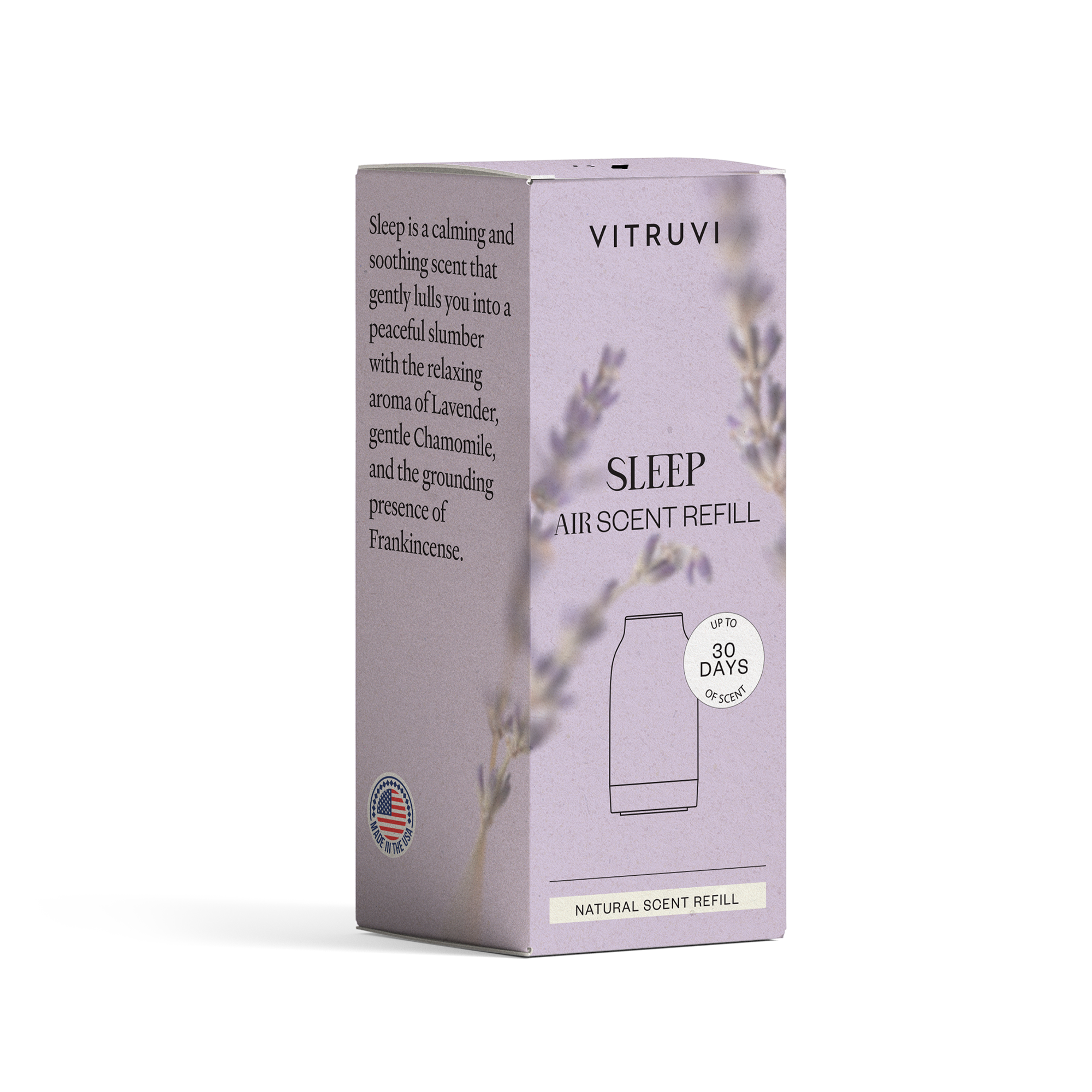 Vitruvi Sleep air scent refill packaging on a white background