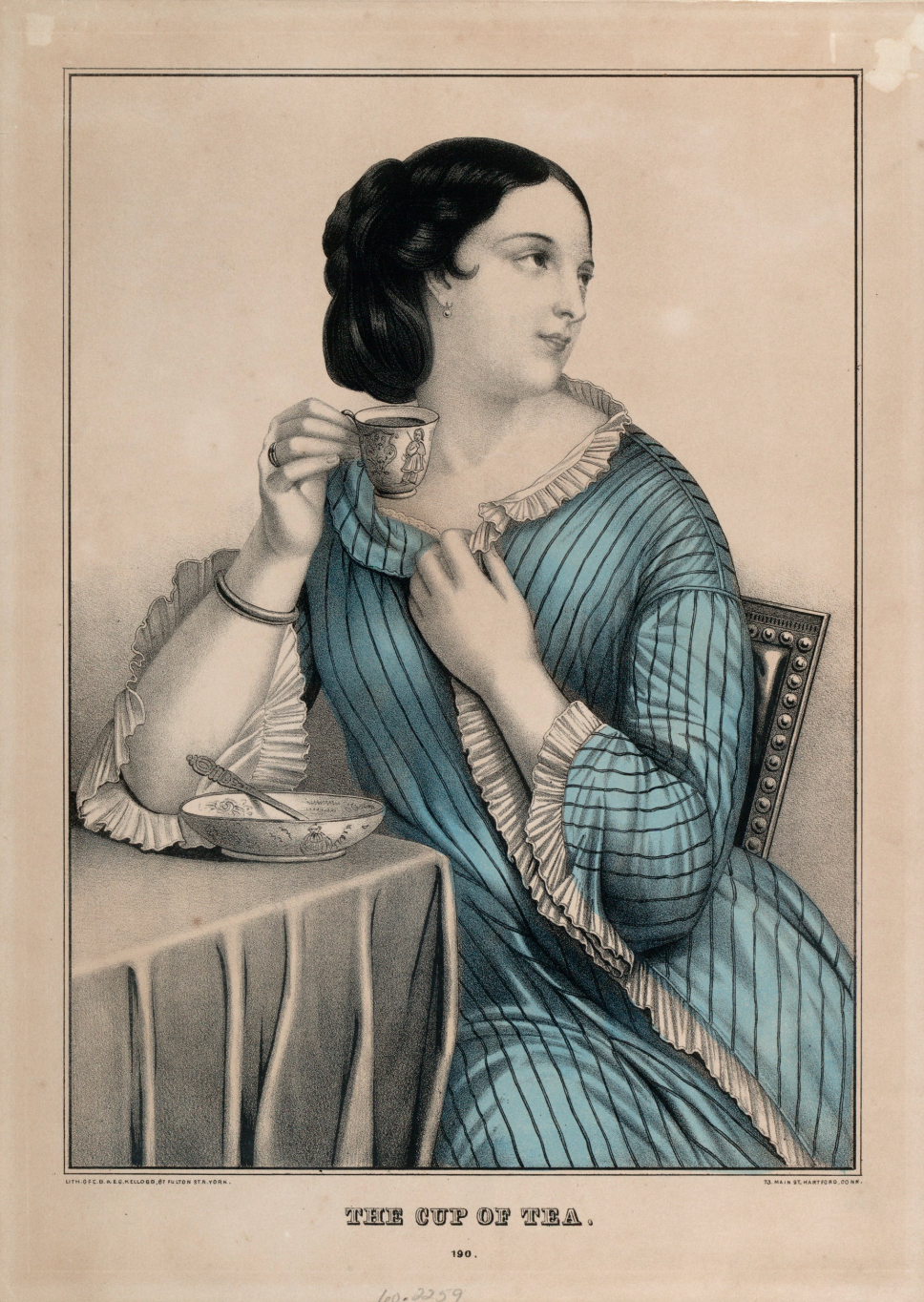 Vintage illustration of a woman in a blue dress holding a cup, with text 'The Cup of Tea'.