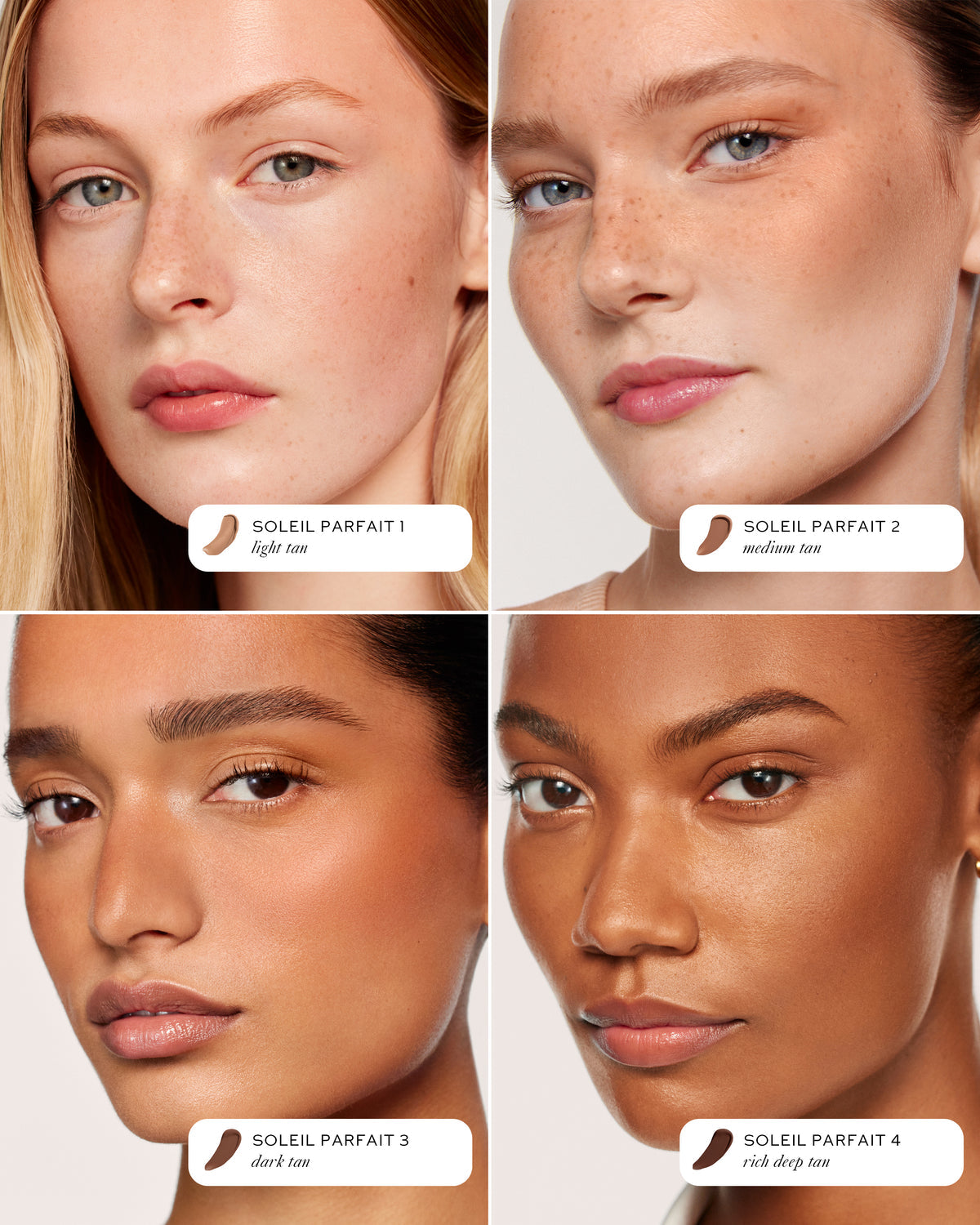 Collage of four women with different skin tones and a 'Soleil Parfait' product label.