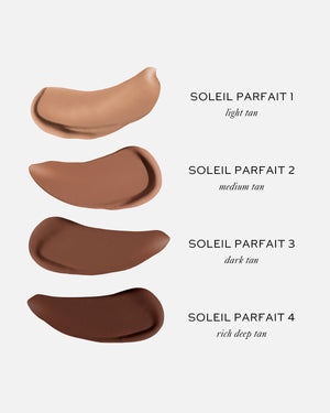 Four shades of brown makeup swatches labeled 'Soleil Parfait 1' to 'Soleil Parfait 4' on a light beige background.