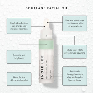 A bottle of Indie Lee Squalane Face Oil, with information about usage and ingredients. 