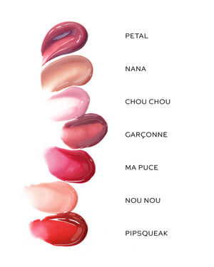 Lip gloss swatches in various shades with labeled names on a white background