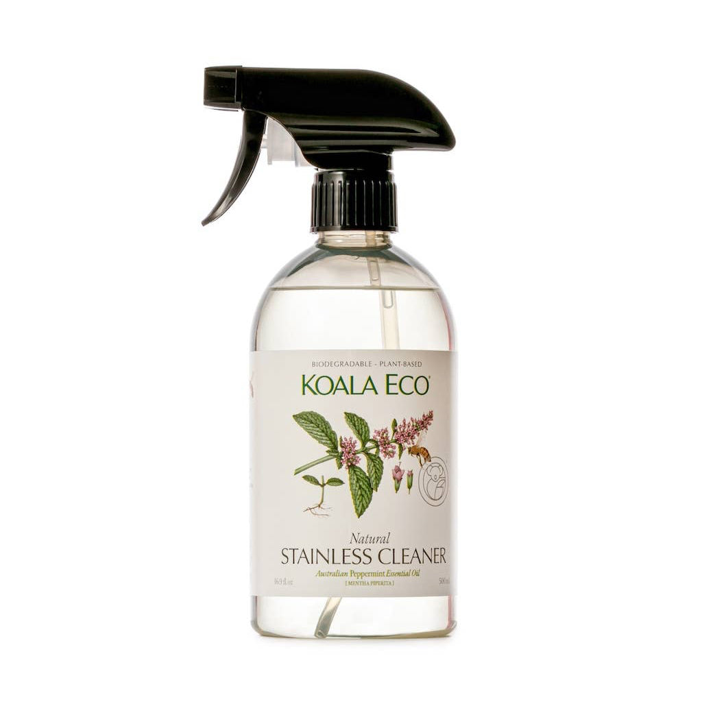 A bottle of koala eco stainless cleaner, a clear recycled plastic bottle with a black top