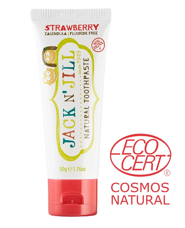 Tube of Jack n' Jill Kids strawberry flavor natural toothpaste with EcoCert Cosmos Natural seal.